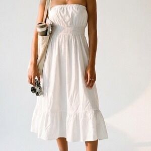 Anthropologie Fei White Cotton Strapless Smocked Tiered Ruffle Sun Dress Small